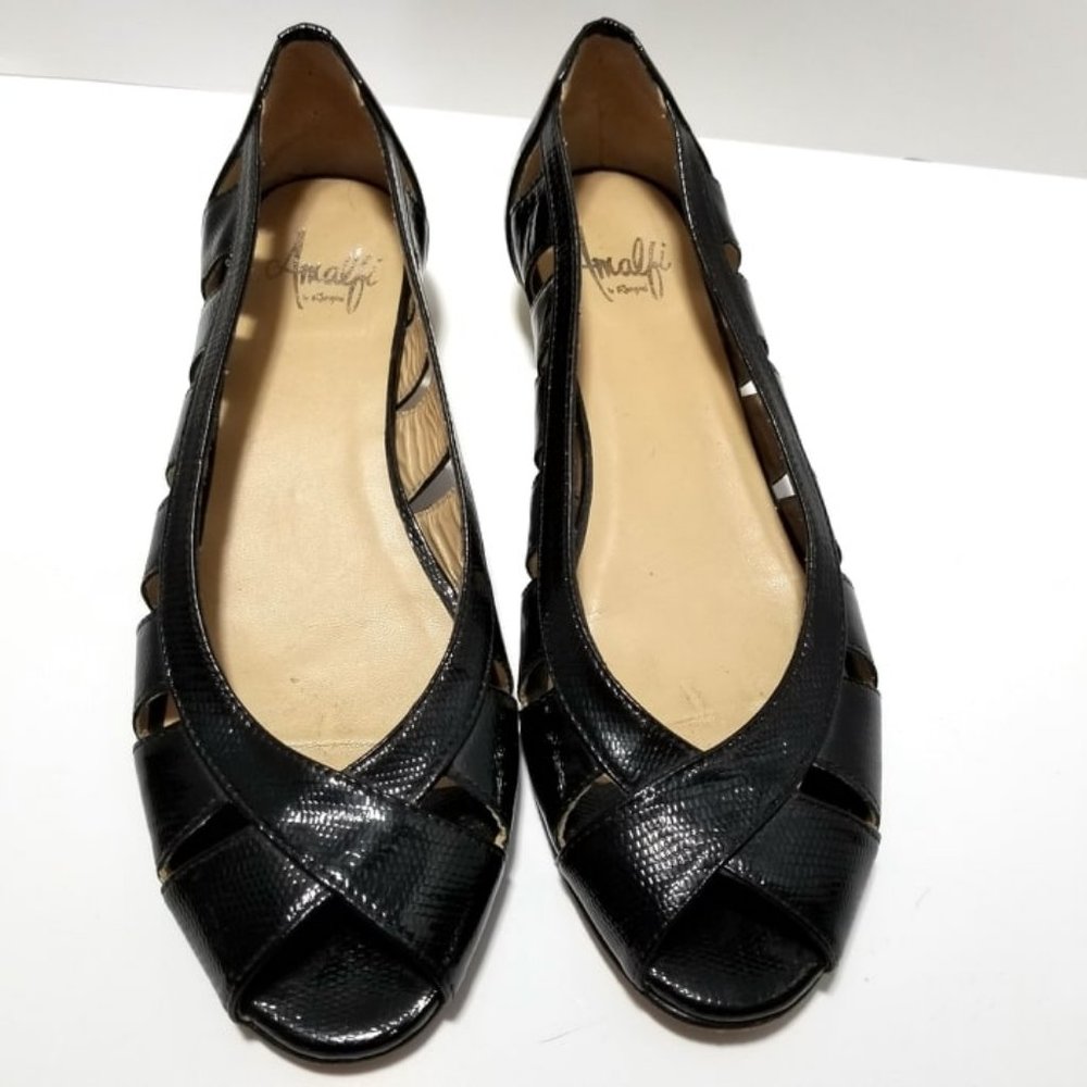 Amalfi Peep Toe Black Flats with Gold Heel